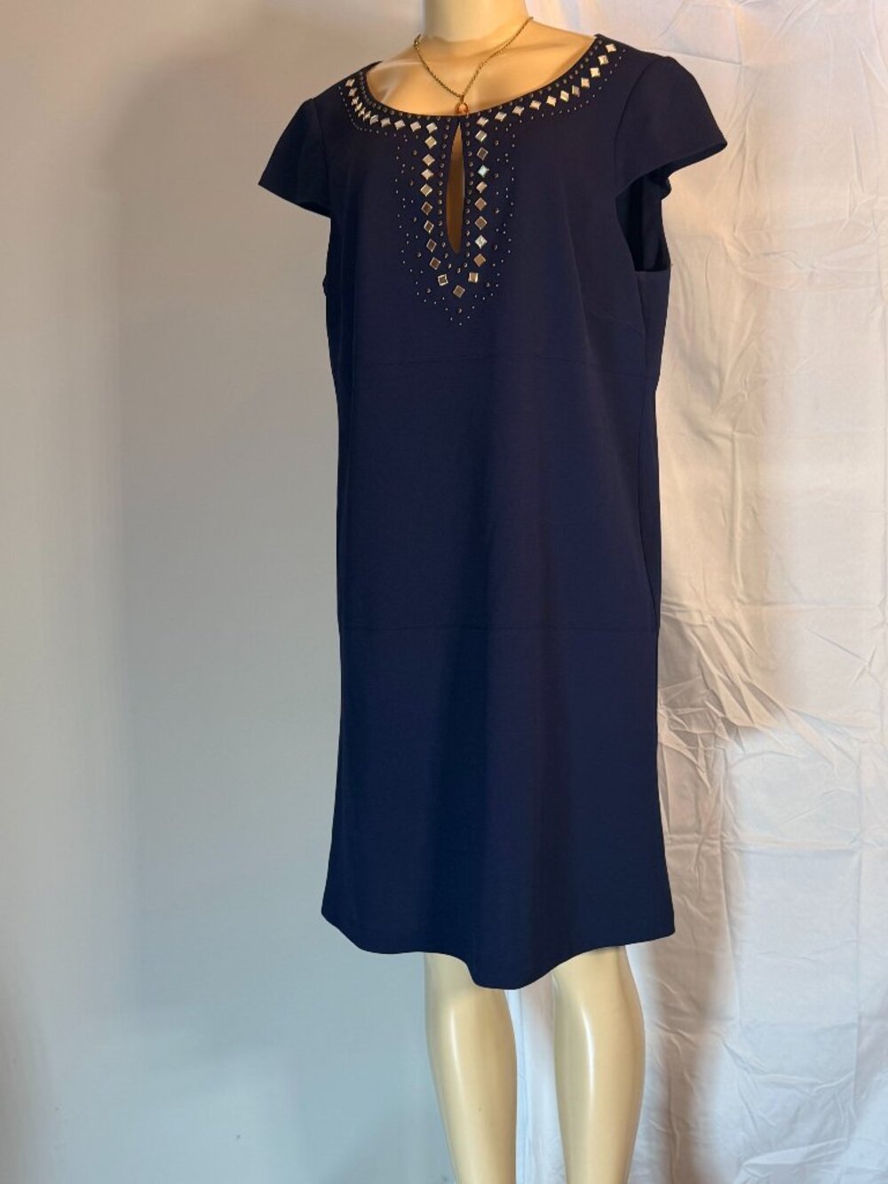 Jessica Simpson Navy Midi Dress w/metal studs & Mirrors deco trim. Women's 14